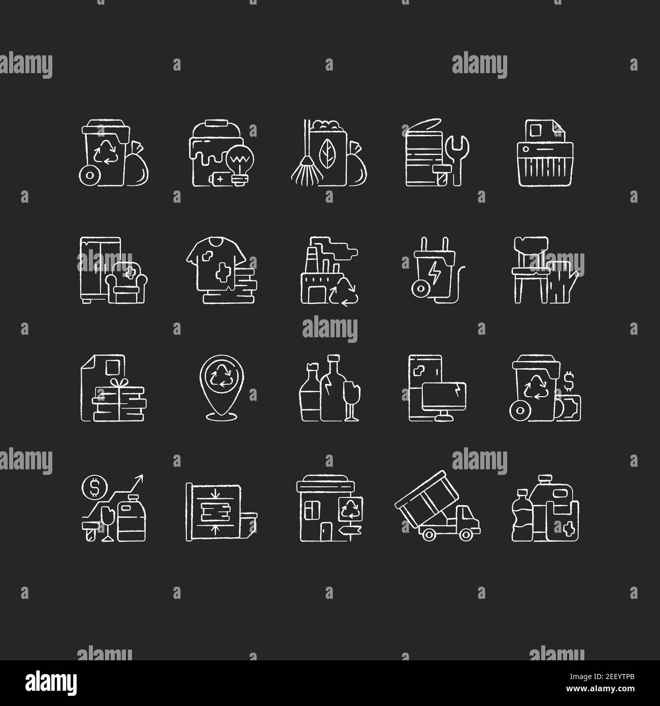 Waste management chalk white icons set on black background Stock Vector ...