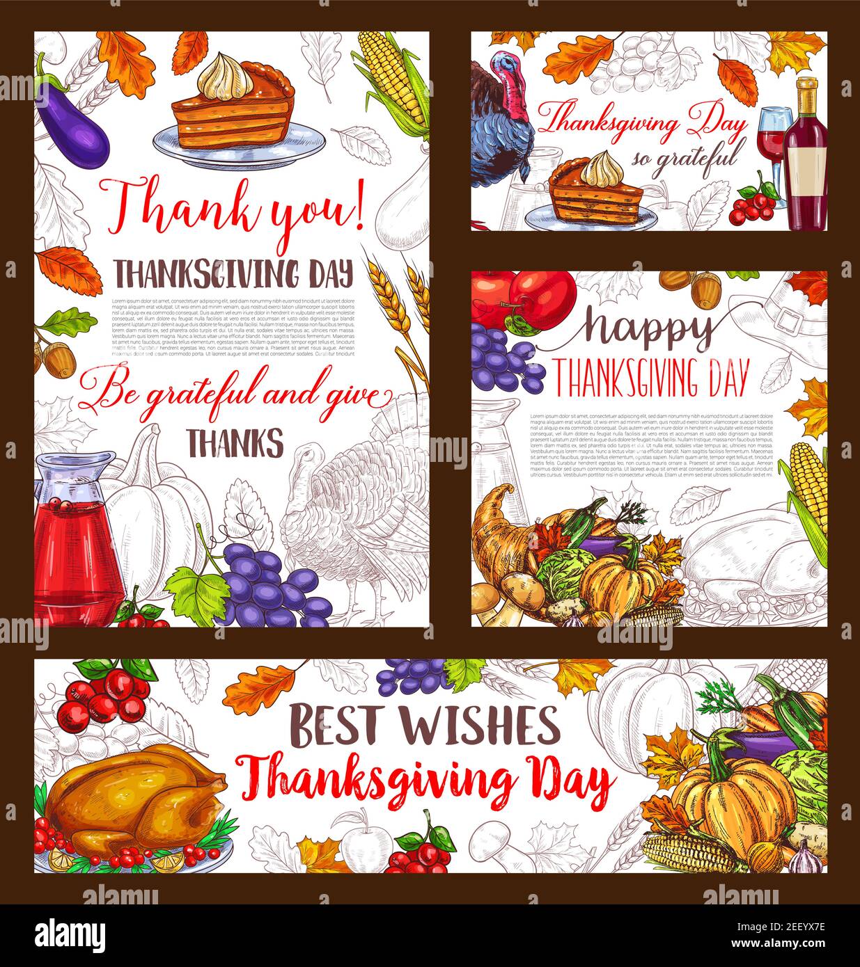Happy Thanksgiving Day greeting posters and banners of roasted turkey ...