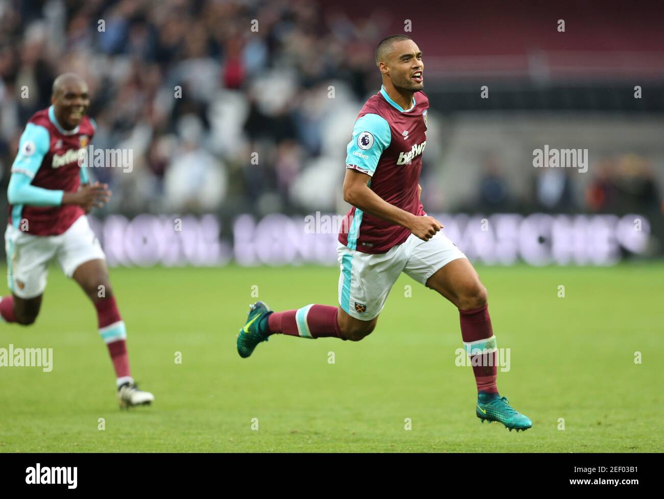 Britain Soccer Football - West Ham United v Sunderland - Premier League - London Stadium - 22/10/16 West Ham United's Winston Reid celebrates scoring their first goal  Reuters / Paul Hackett Livepic EDITORIAL USE ONLY. No use with unauthorized audio, video, data, fixture lists, club/league logos or 'live' services. Online in-match use limited to 45 images, no video emulation. No use in betting, games or single club/league/player publications.  Please contact your account representative for further details. Stock Photo