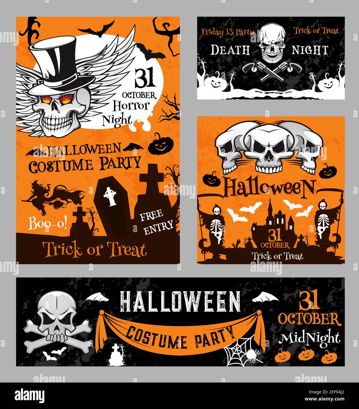 Halloween night greeting banners or horror holiday costume party posters. Vector skull on bones in graveyard cemetery, orange moon and Halloween pumpk Stock Vector