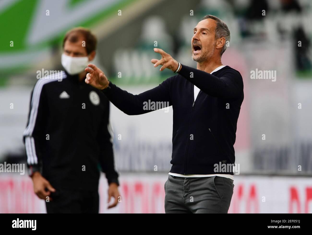 Soccer Football - Bundesliga - VfL Wolfsburg v Eintracht Frankfurt - Volkswagen Arena, Wolfsburg, Germany - May 30, 2020 Eintracht Frankfurt coach Adi Hutter reacts during the match, as play resumes behind closed doors following the outbreak of the coronavirus disease (COVID-19) Swen Pfortner/Pool via REUTERS  DFL regulations prohibit any use of photographs as image sequences and/or quasi-video Stock Photo