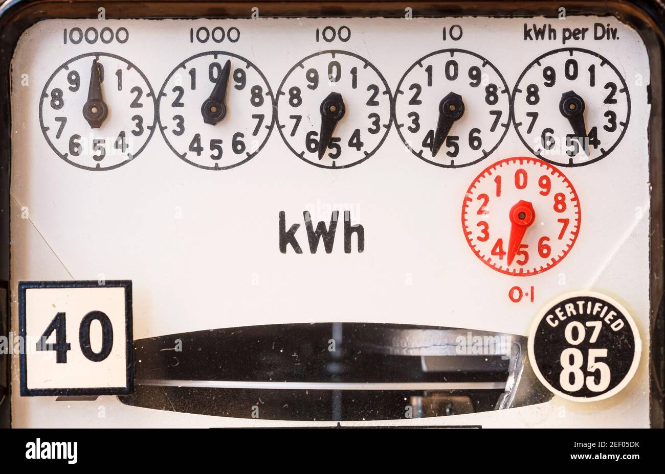 Analogue electricity meter with dials, old electric meter reading in a home in England, UK Stock Photo