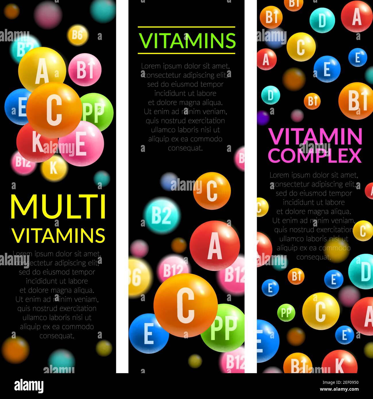 Multi vitamins complex banners of vitamin pills of A, B and ascorbic acid C, D and PP or multivitamin D. Vector design for medical dietary supplement Stock Vector