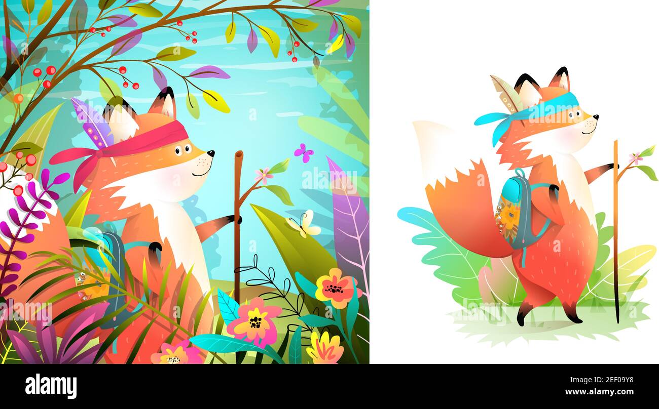 Fox Brave Explorer in Forest and Isolated Set Stock Vector