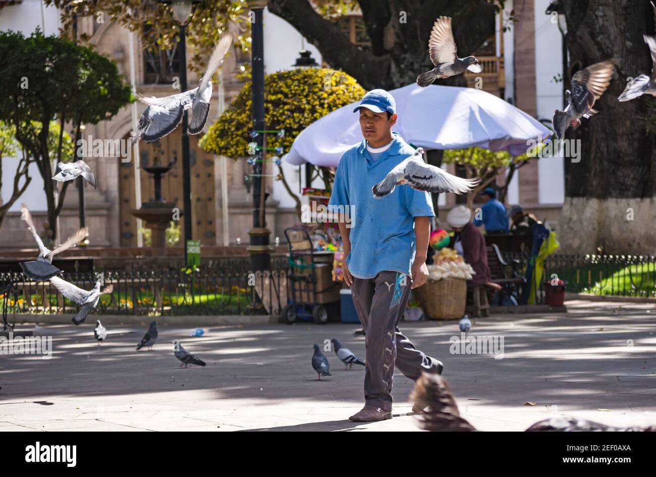 SUCRE, BOLIVIA - JULY 19, 2016: An unidentified man walks among pigeons in the main square of the city. Set in a valley surrounded by mountains, the h Stock Photo