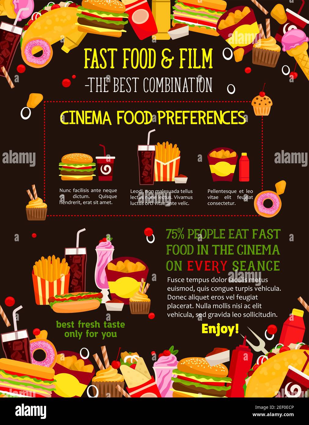 Fast food menu design template for cinema bistro or movie theater