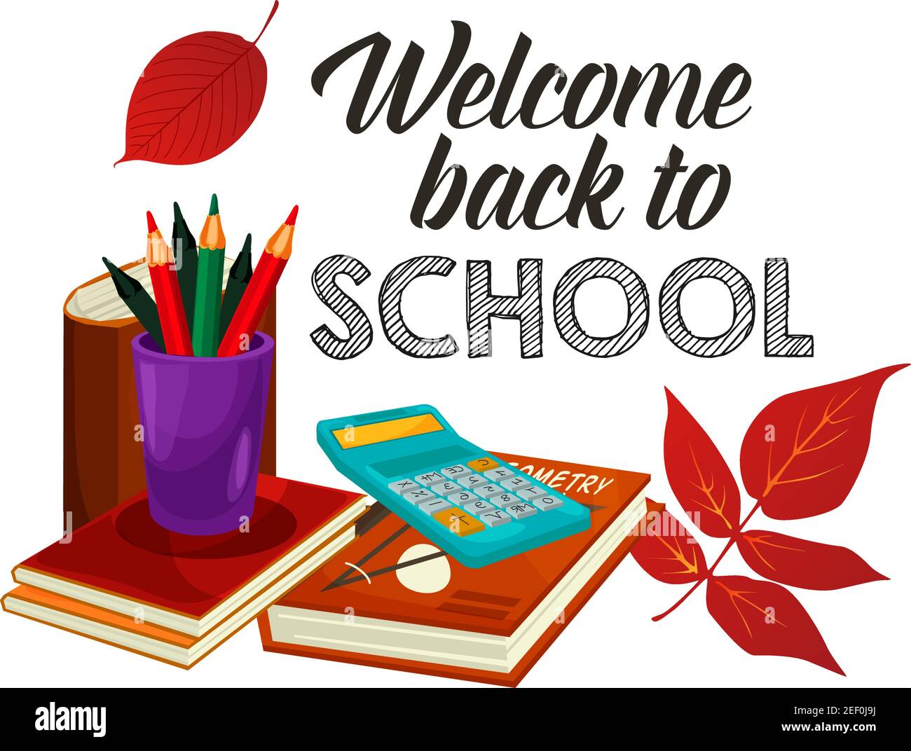 Welcome Back to School poster of lesson stationery, book or copybook and mathematics calculator, pen or pencil with autumn maple or rowan leaf. Vector Stock Vector