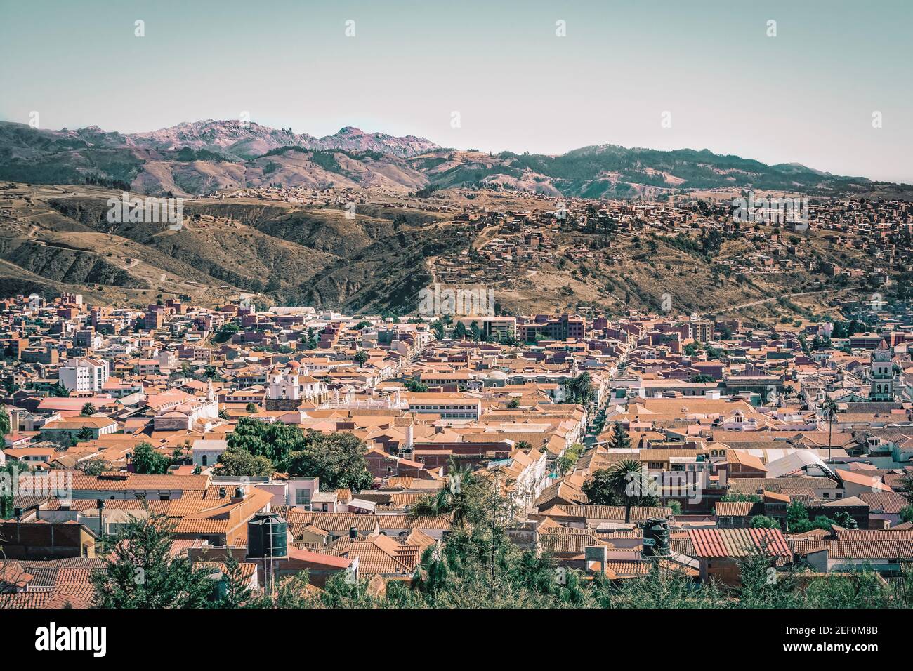 Panoramic view of Sucre, Bolivia, with colonial style buildings and mountains in the background. Sucre is the constitutional capital of Plurinational Stock Photo
