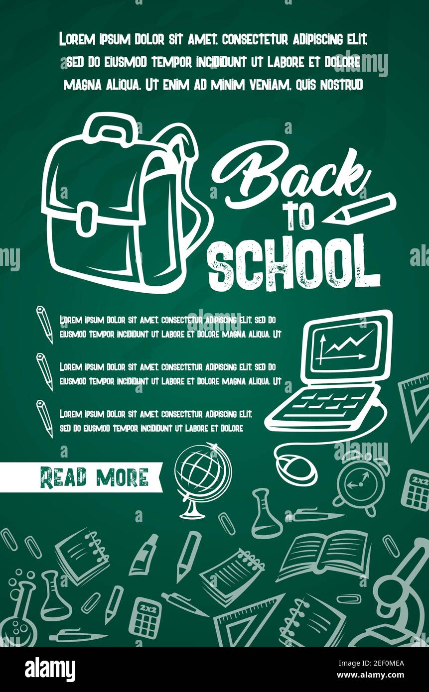 Back to School poster of lesson supplies list for education season design. Vector school rucksack or backpack, books and stationery, computer or penci Stock Vector