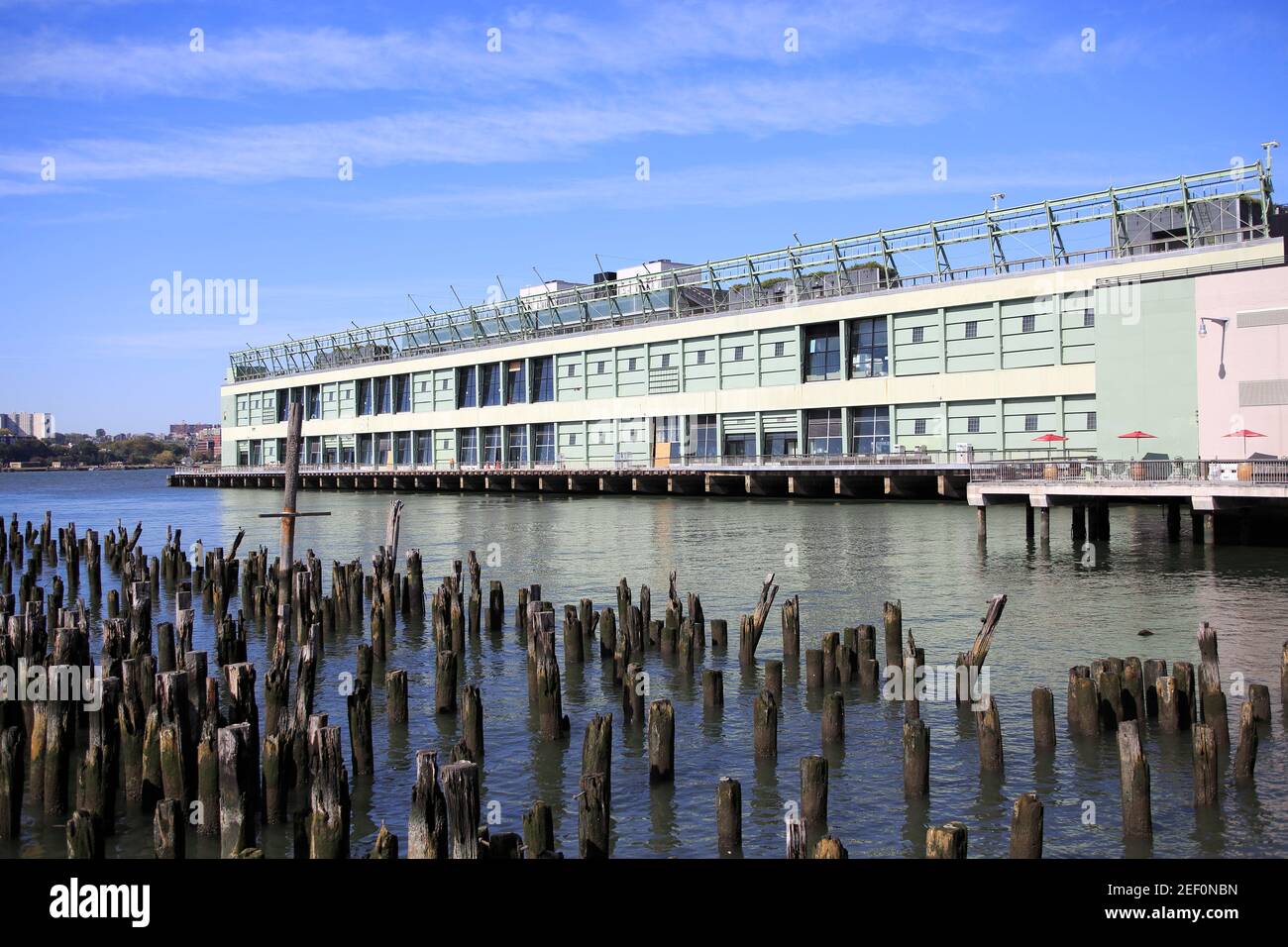 Pier 57, listed in the National Register of Historic Places, is being restored to include a public park, and will be home to restaurants and Google offices, Hudson River, Hudson River Park, Hudson River Greenway, Chelsea, Manhattan, New York City, USA October 2020 Stock Photo