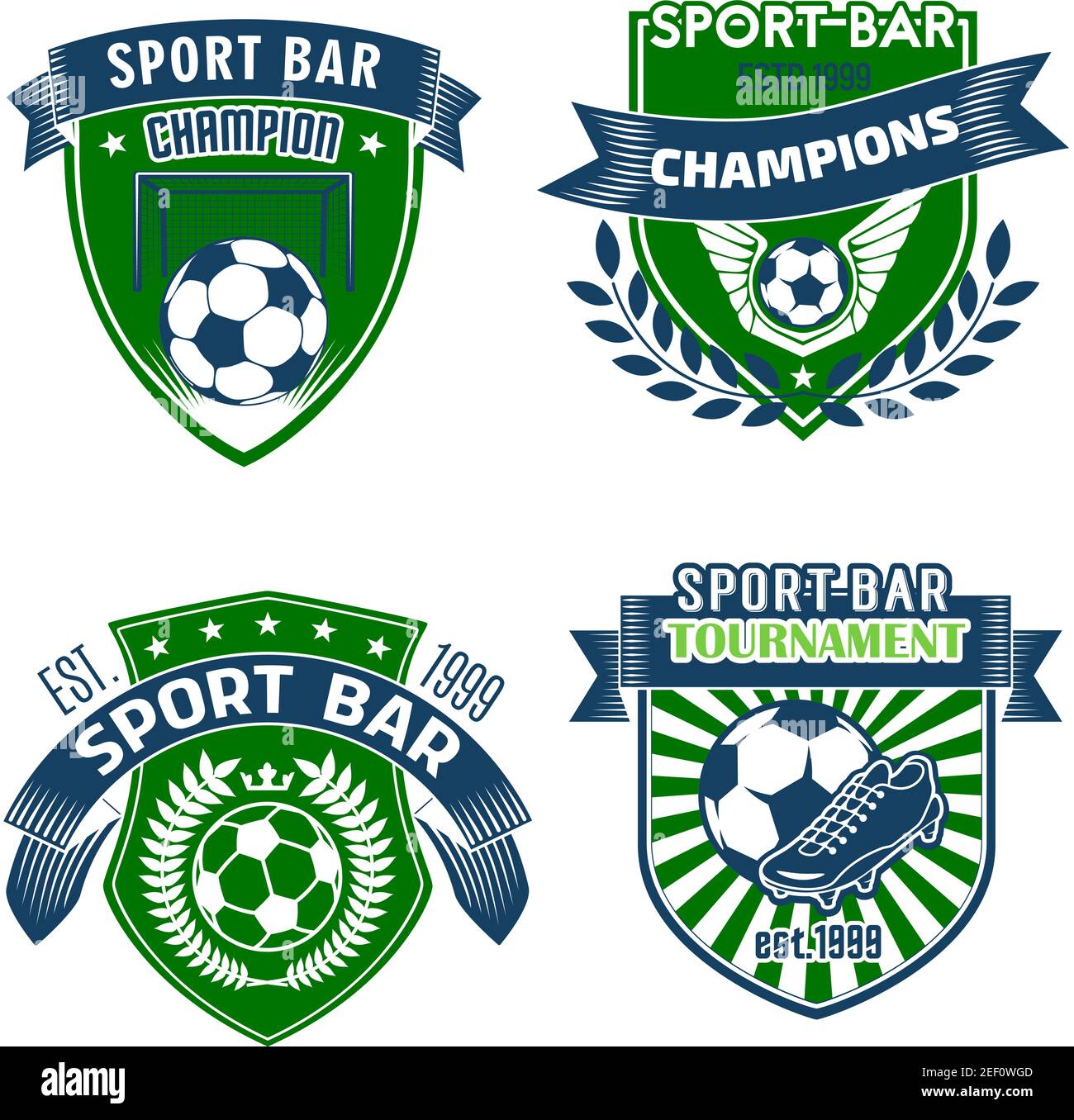 Soccer club championship icons templates for football college league or sport team bar. Vector heraldic badge shields of soccer ball, winner cup or st Stock Vector
