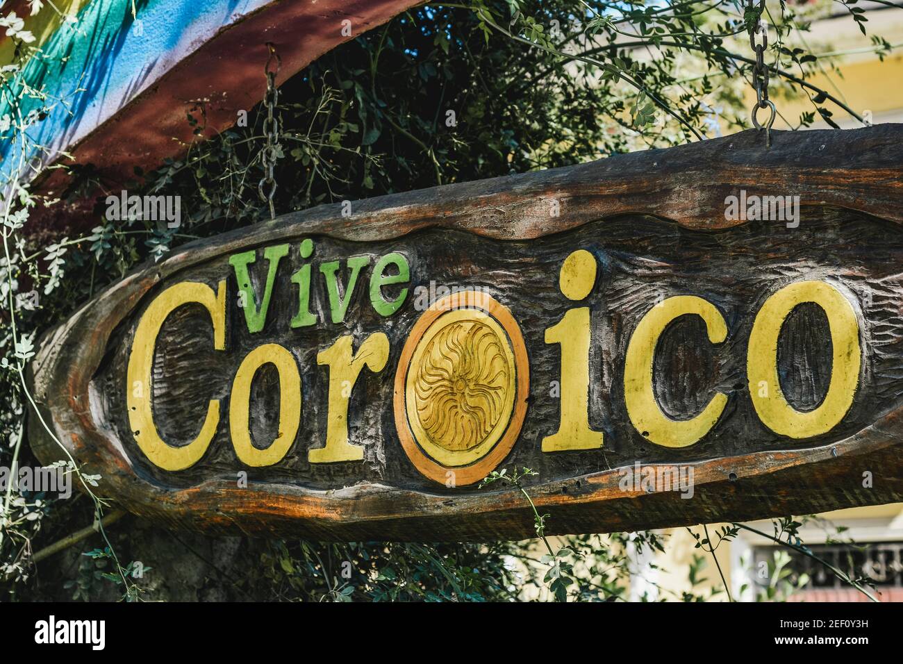 COROICO, BOLIVIA - AUGUST 1,  2016: Detail of colorful touristic sign in the main square of Coroico, Bolivia Stock Photo