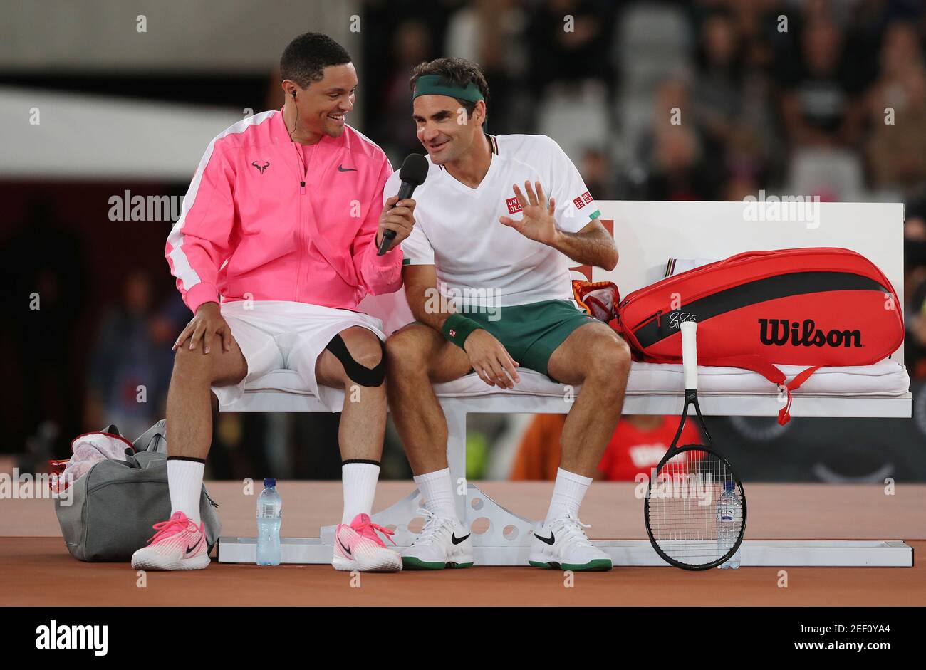 Tennis - "The Match In Africa" Exhibition Match - Cape Town Stadium, Cape  Town, South Africa - February 7, 2020 Switzerland's Roger Federer talks to  Trevor Noah during the exhibition match against