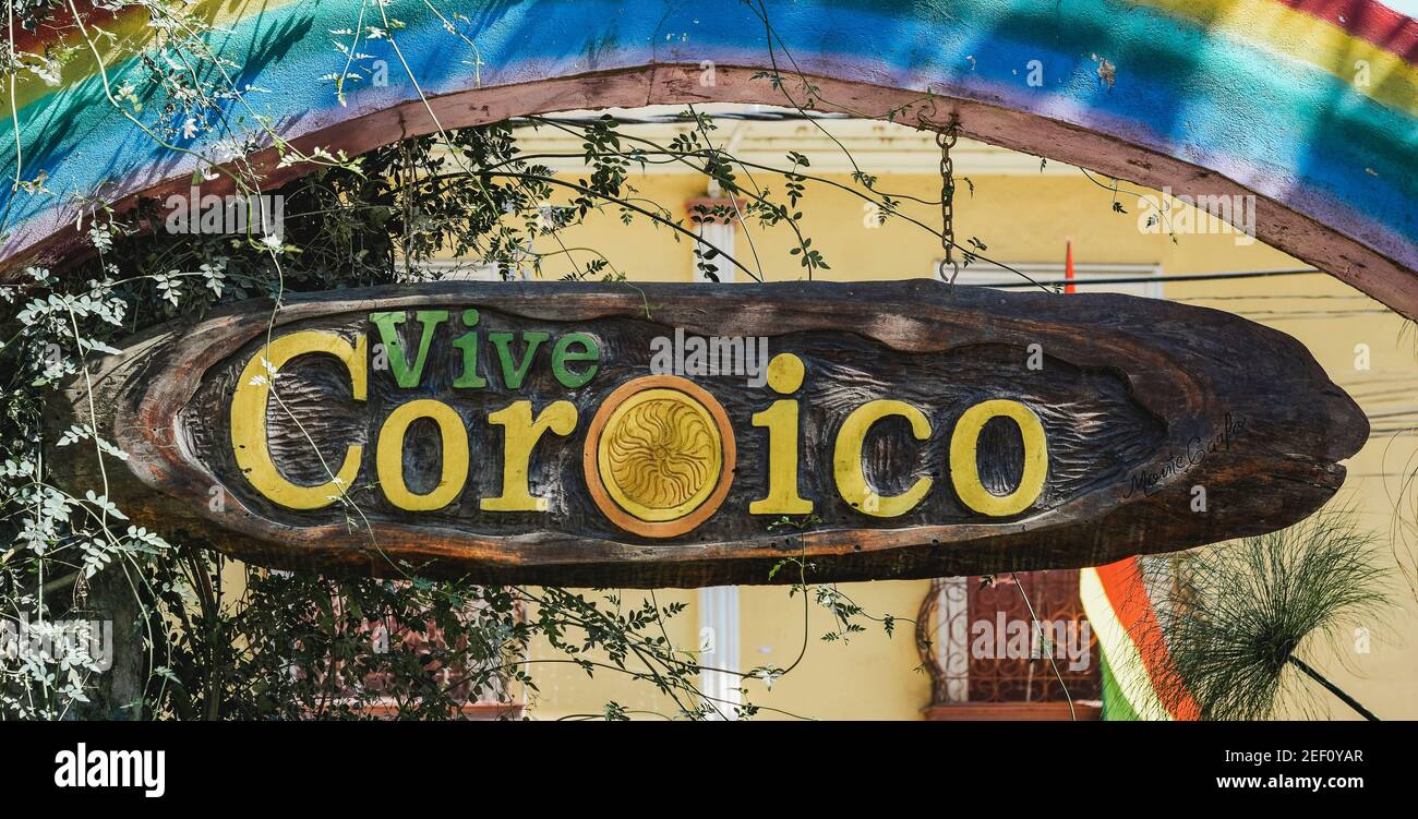 COROICO, BOLIVIA - AUGUST 1,  2016: Detail of colorful touristic sign in the main square of Coroico, Bolivia Stock Photo