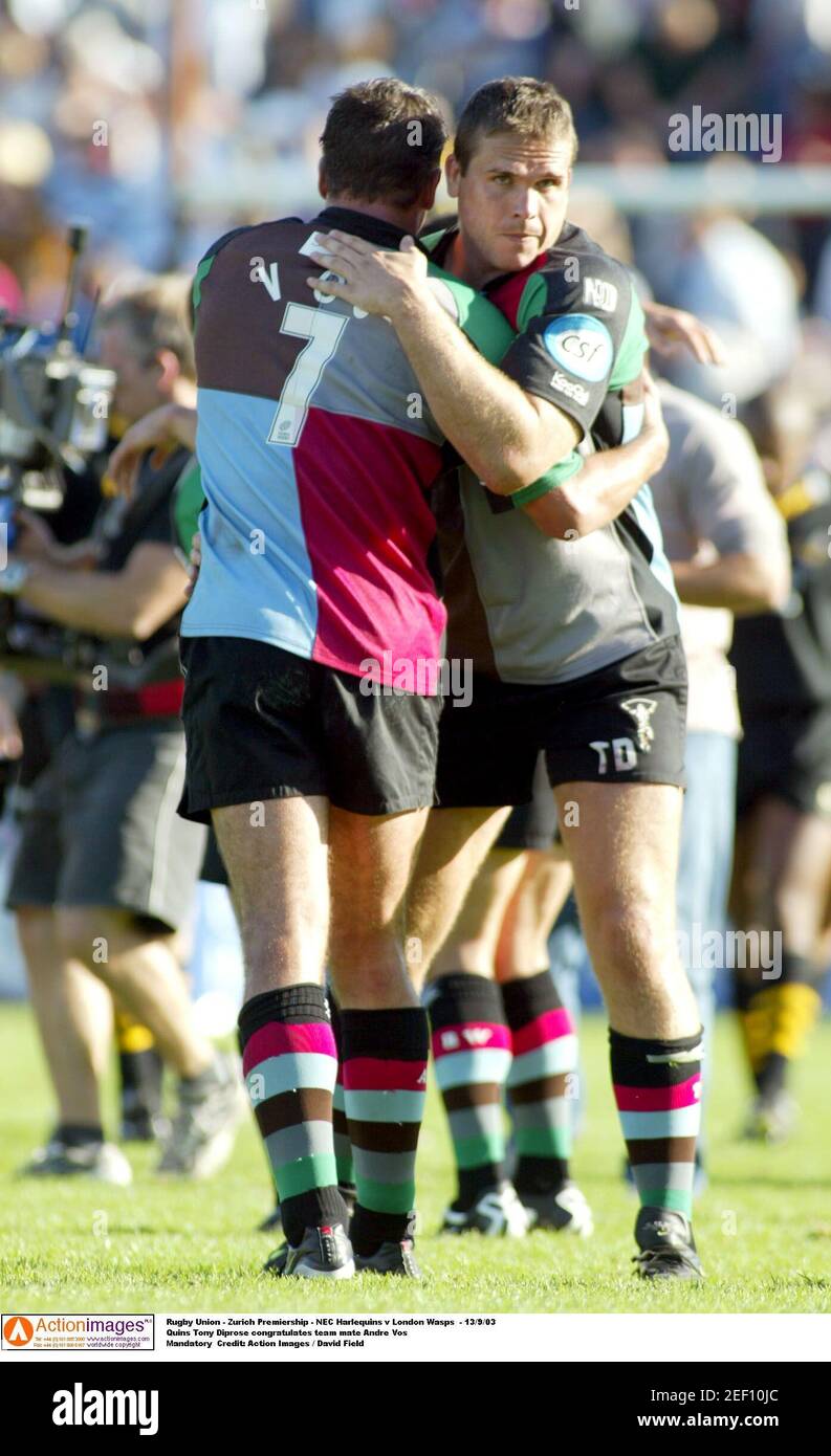 Rugby Union Zurich Premiership Nec Harlequins V London Wasps 13 9 03 Quins Tony Diprose Congratulates Team Mate Andre Vos Mandatory Credit Action Images David Field Stock Photo Alamy