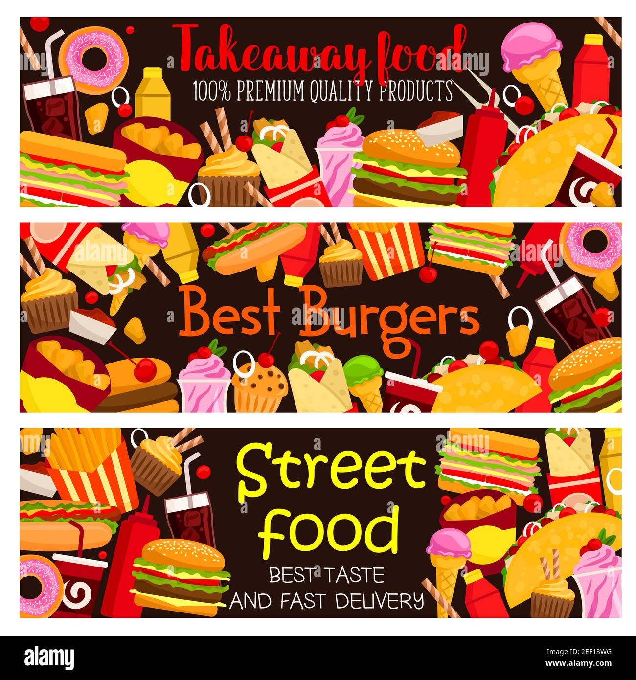 Street food burger cafe menu banners design template for fast food