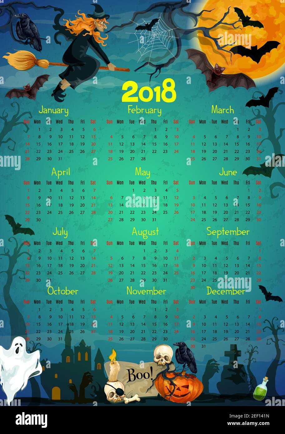 Halloween calendar 2018 template. Vector design of trick or treat