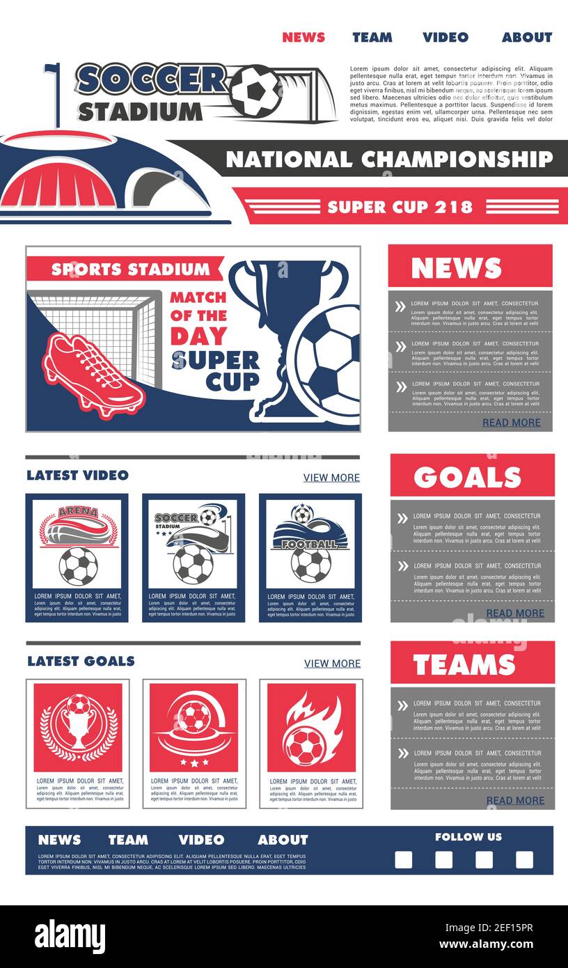 Soccer sport landing page web site design template of home, about and team information buttons. Vector soccer cup sport game championship or football Stock Vector