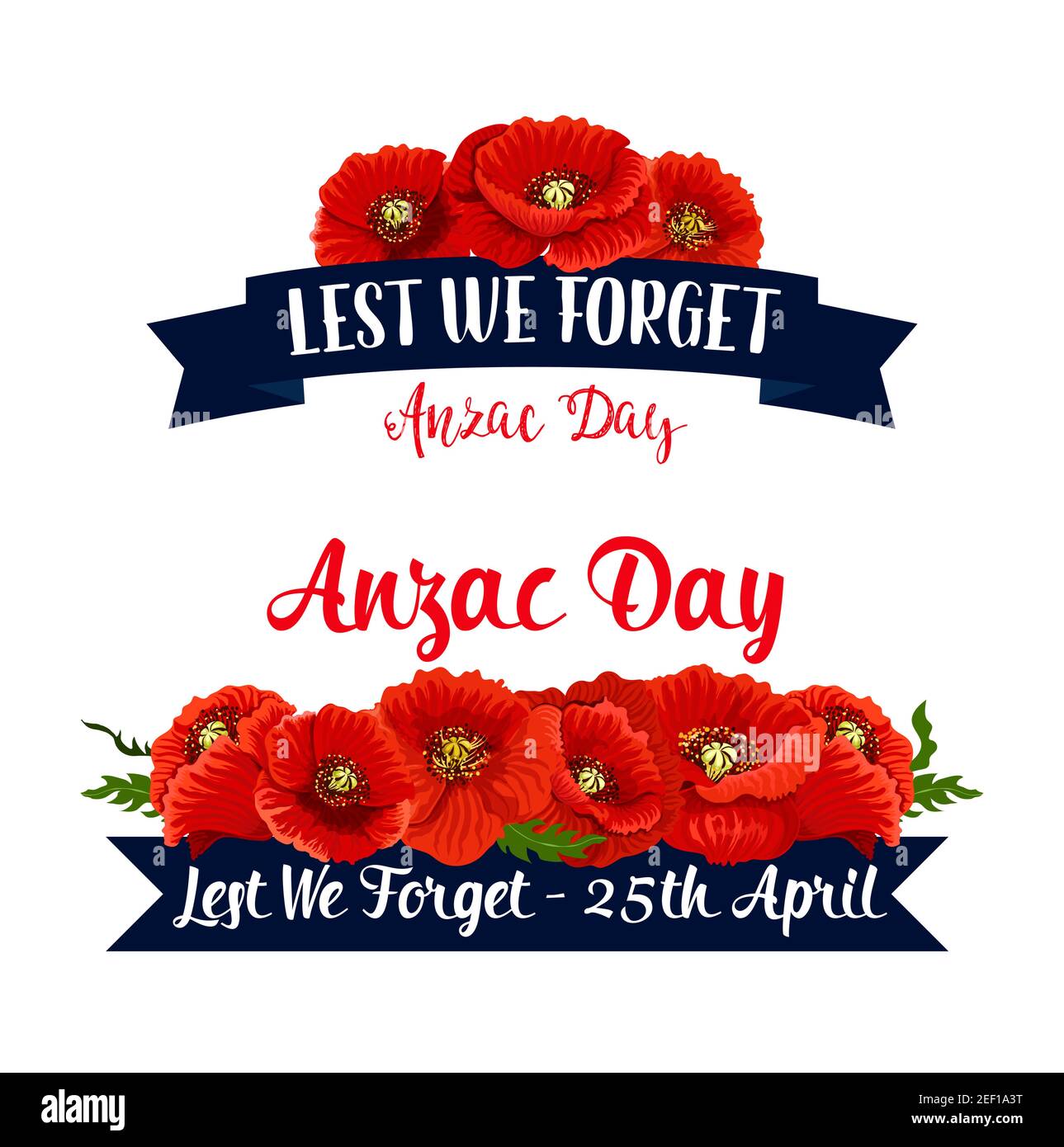 Anzac Day ribbons with red poppy flowers set for 25 April Australian and New Zealand war remembrance anniversary. Vector s Lest We Forget text on blue Stock Vector