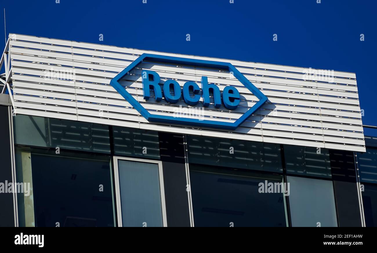 Bucharest, Romania - January 20, 2021: A logo of Roche, Swiss pharmaceuticals and diagnostics multinational healthcare company, is displayed on the to Stock Photo