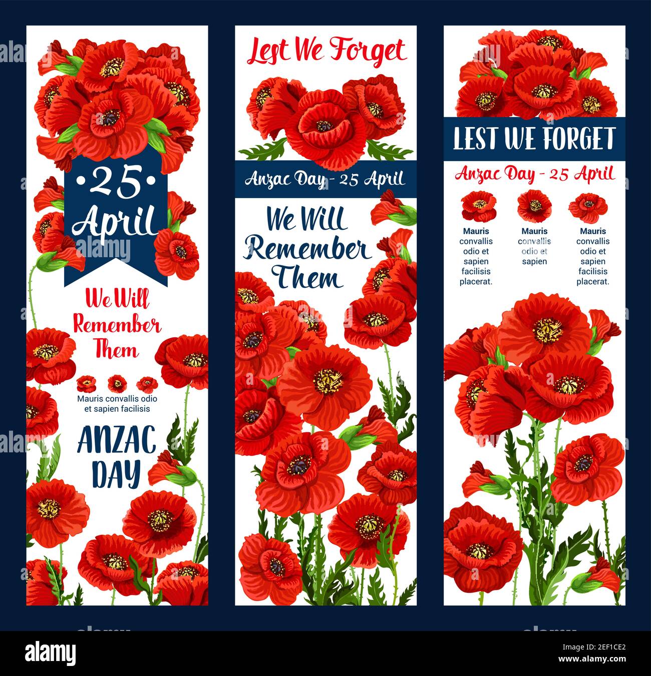 Anzac Day Lest We greeting icon and poppy flower for 25 April