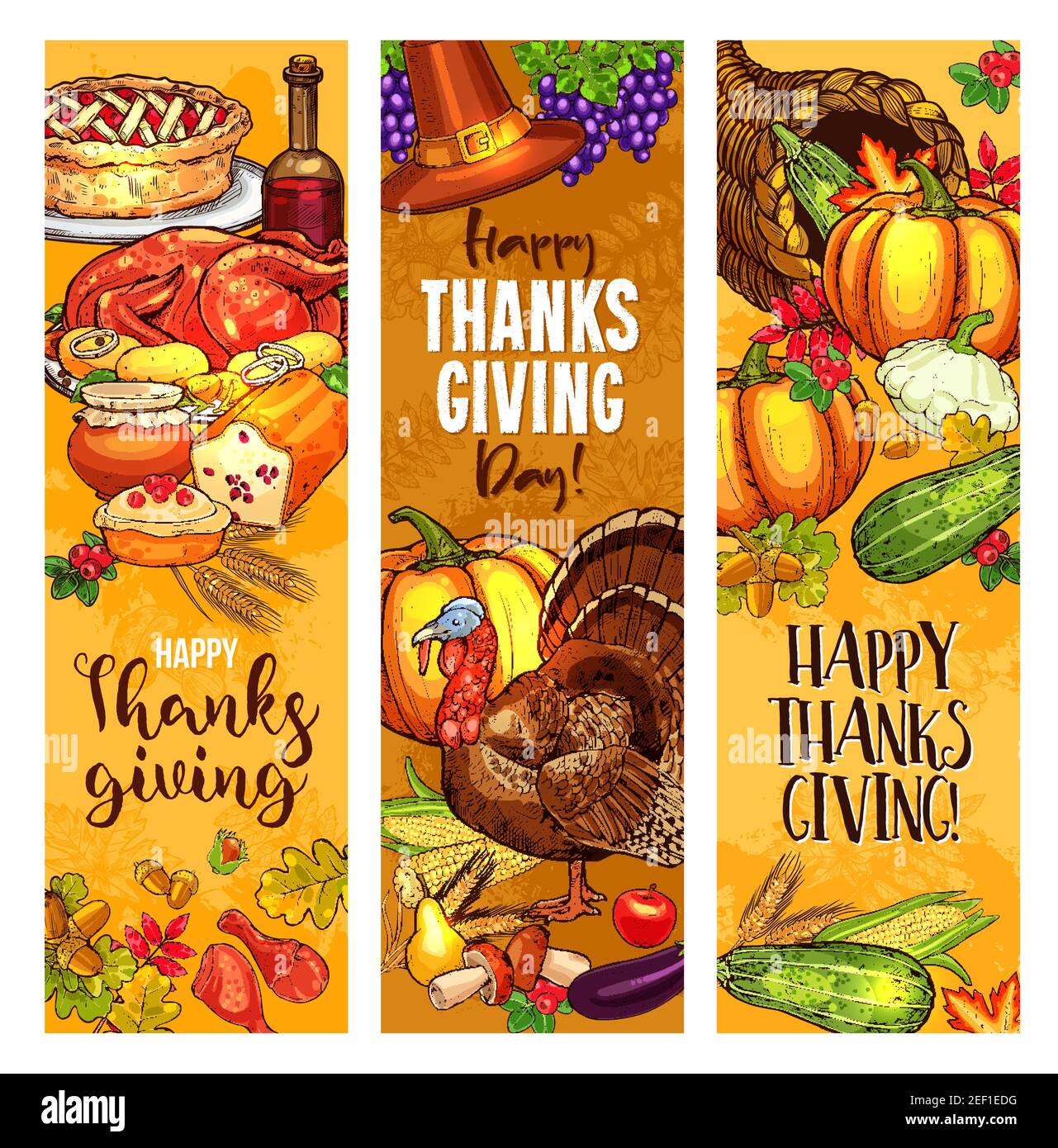 Happy Thanksgiving Day greeting banners. Vector sketch design of ...