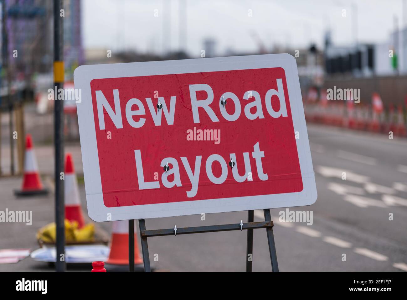 New Road Layout red traffic management sign, UK Stock Photo