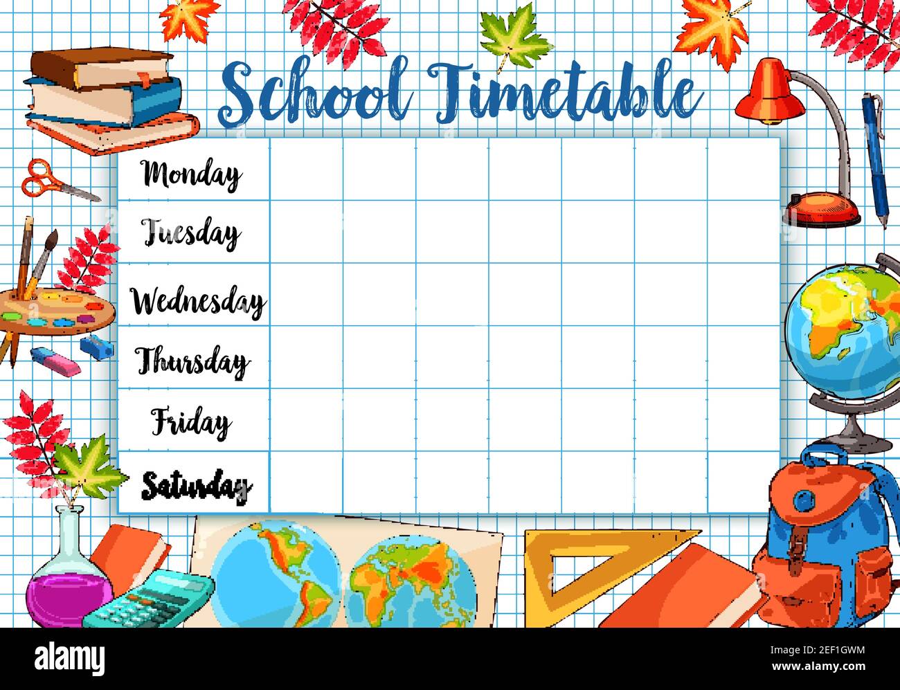 School timetable template or lesson schedule on checkered page background.  Vector design of school backpack rucksack, book, pencil or pen stationery s  Stock Vector Image & Art - Alamy