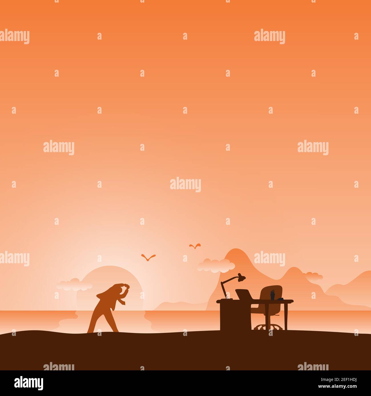 businessman stretching at the beach after working on his desk in the orange gradient shade illustration vector. Stock Vector