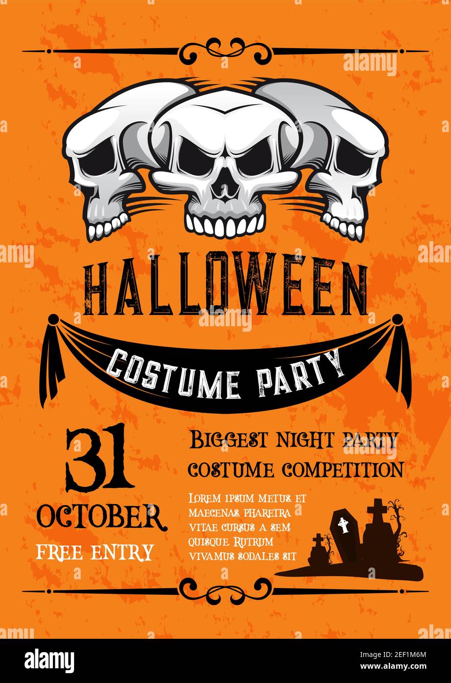 Halloween scary skull banner for costume party template. Spooky