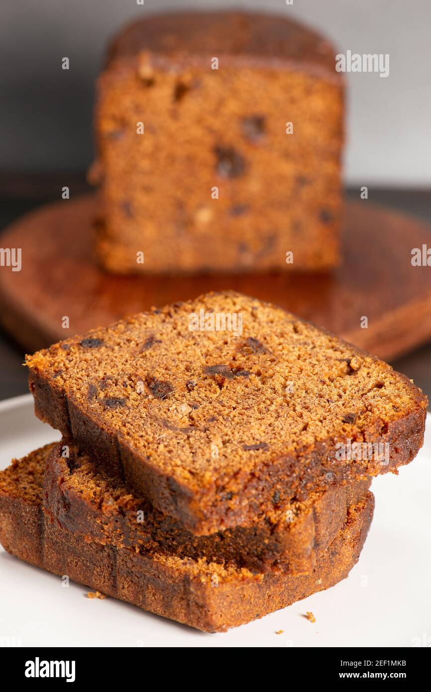 Detailed closeup of a classic date loaf, bread background Stock Photo