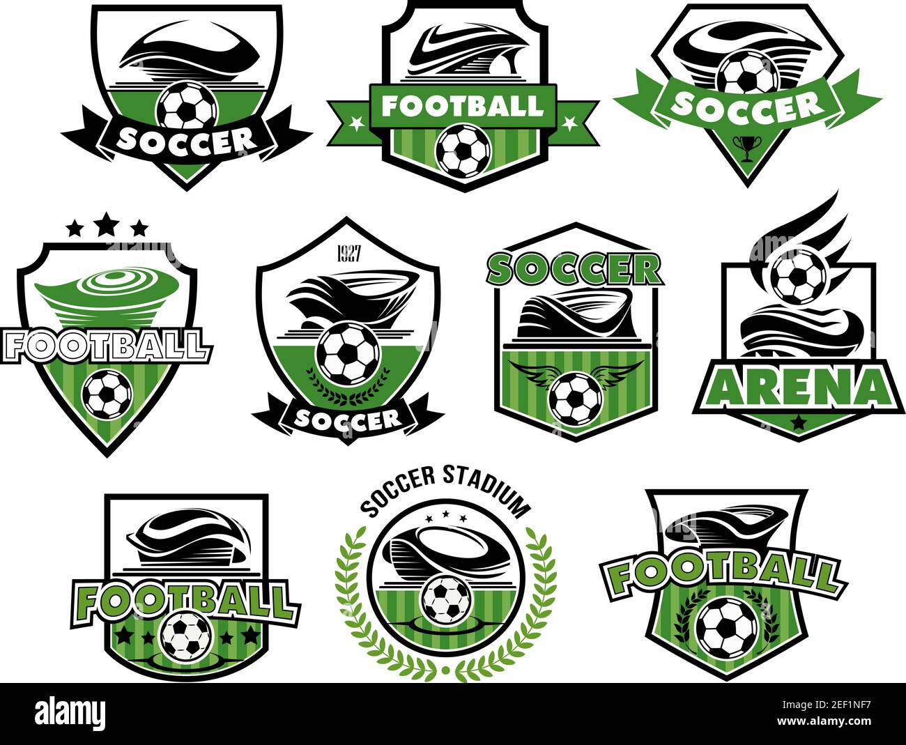 Soccer club or football college league team icons or badges templates.  Vector heraldic shield symbols of soccer ball, football arena stadium,  winner c Stock Vector Image & Art - Alamy