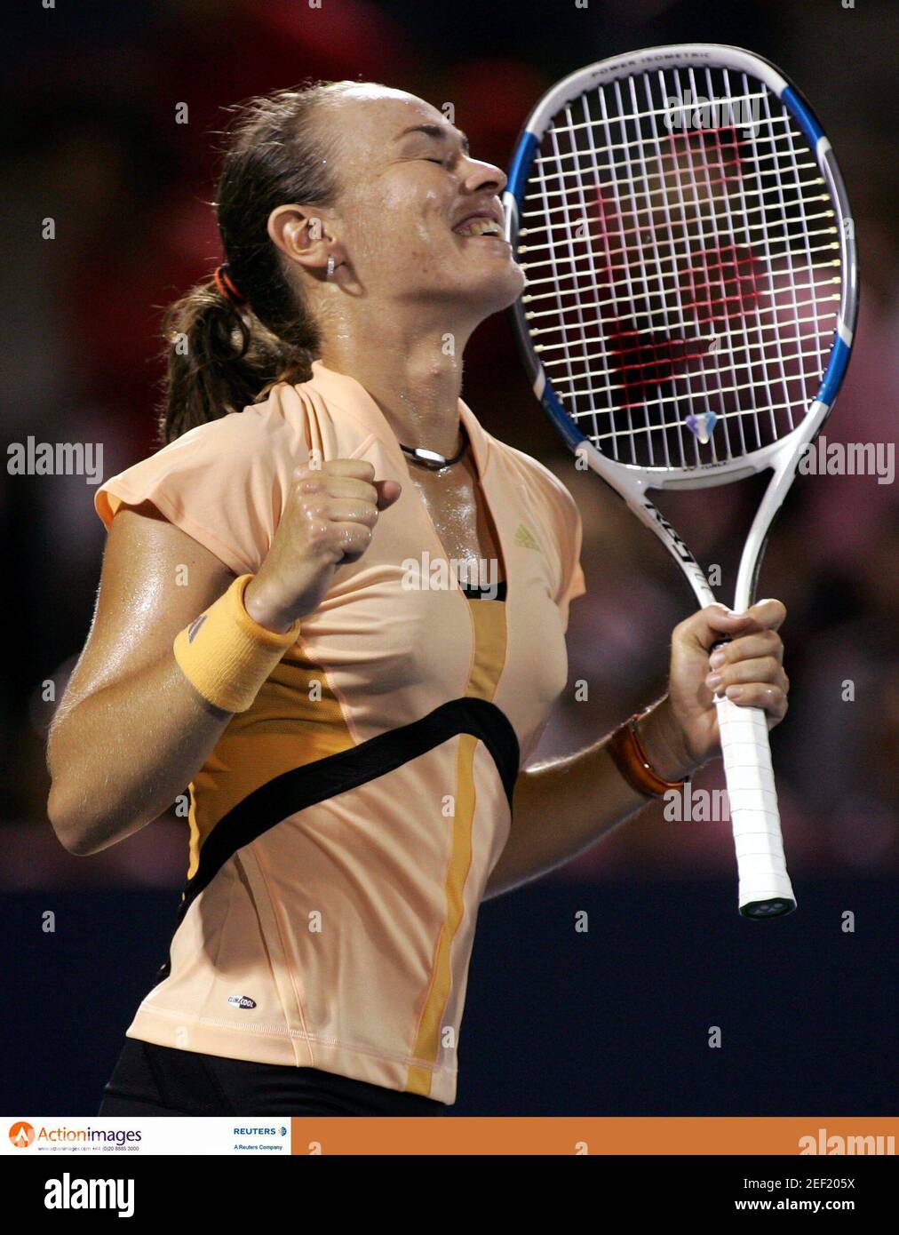 Tennis - Rogers Cup, Sony Ericsson WTA Tour - Montreal, Canada - 15/8/06  Martina Hingis of Switzerland celebrates after defeating Svetlana Kuznetsova of Russia during their quarterfinal match at the Rogers Cup  Mandatory Credit: Action Images / Chris Wattie  Livepic Stock Photo