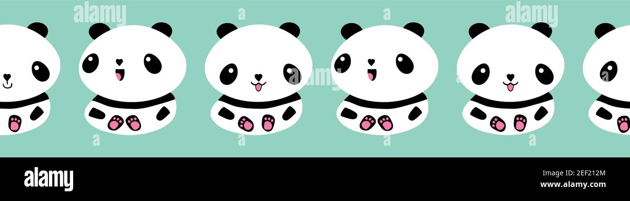 Cute Kawaii vector panda seamless border. Banner of adorable black and white sitting cartoon bears on pastel blue background .Hand drawn illustration Stock Vector