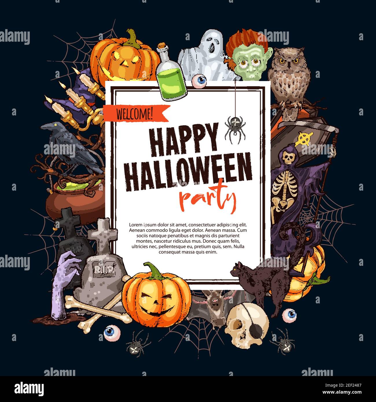 Halloween monsters party poster for trick or treat holiday night  celebration. Vector sketch pumpkin lantern, zombie or skeleton skull in  coffin, spook Stock Vector Image \u0026 Art - Alamy, image size:1300x1390