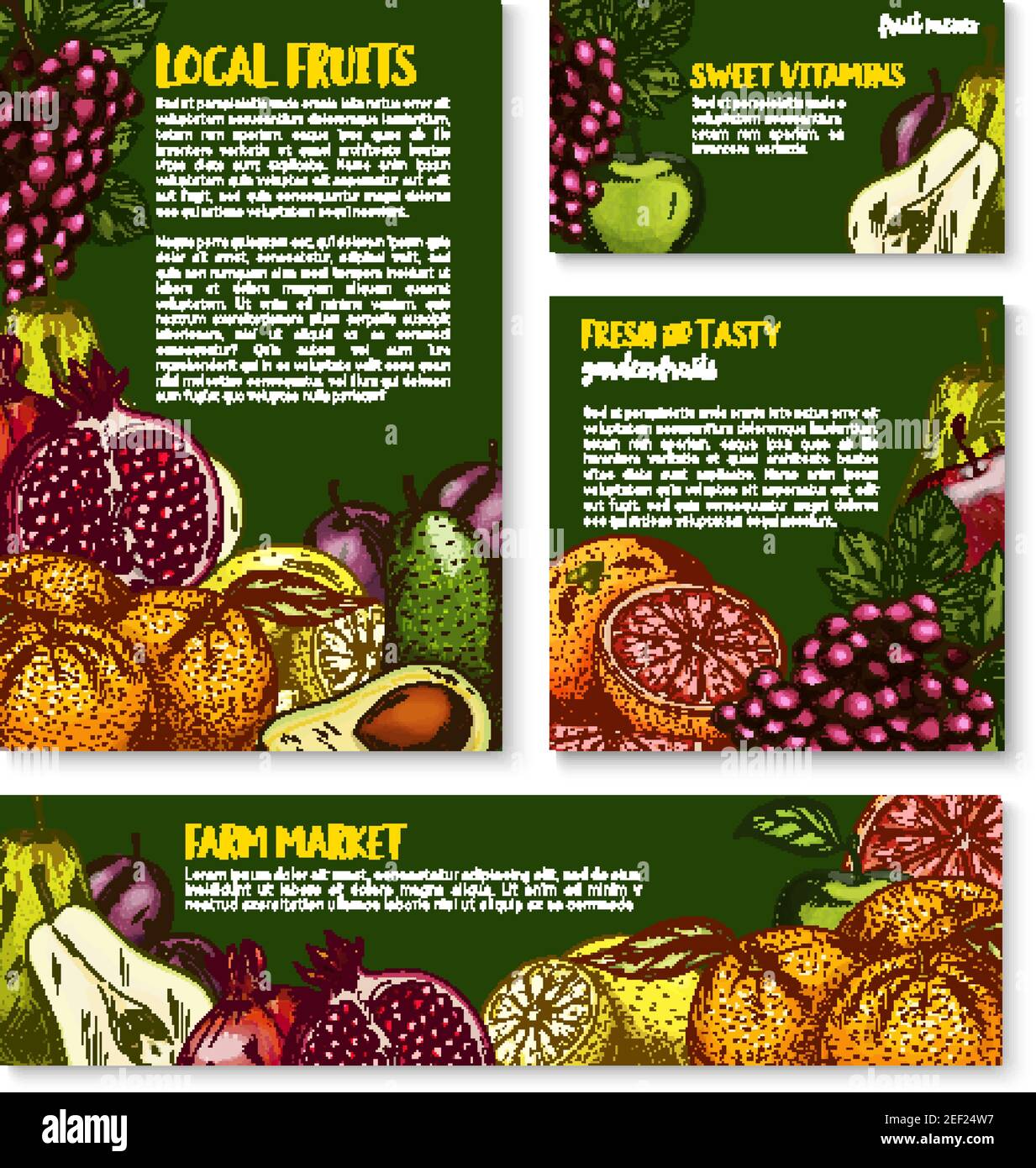 Farm fresh fruits sketch banners and posters for fruit shop. Vector