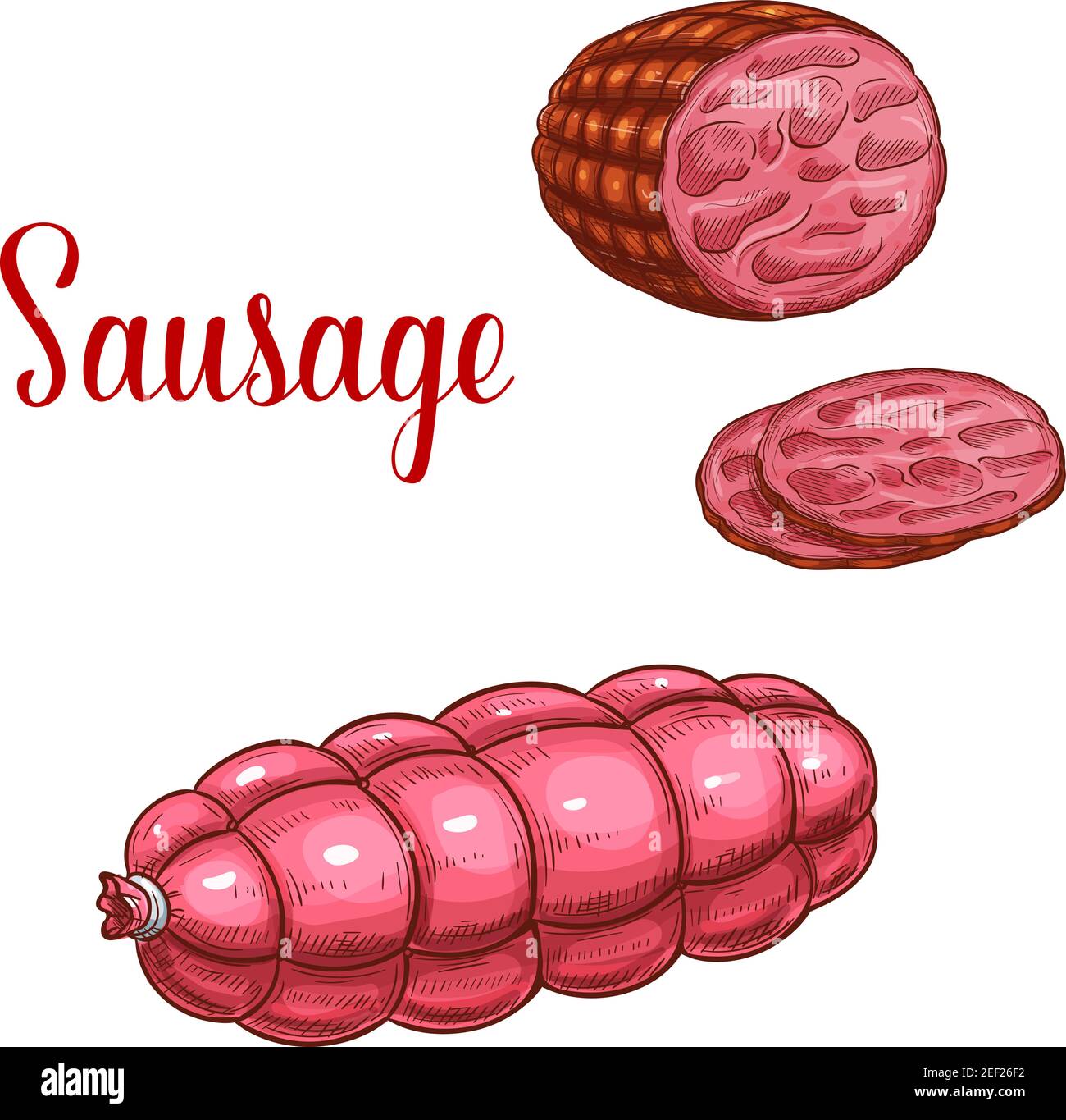 Sausage salami or pepperoni wurst meat delicatessen sketch icon. Vector sliced and whole sausage of pork chorizo or chipolata kielbasa and frankfurter Stock Vector