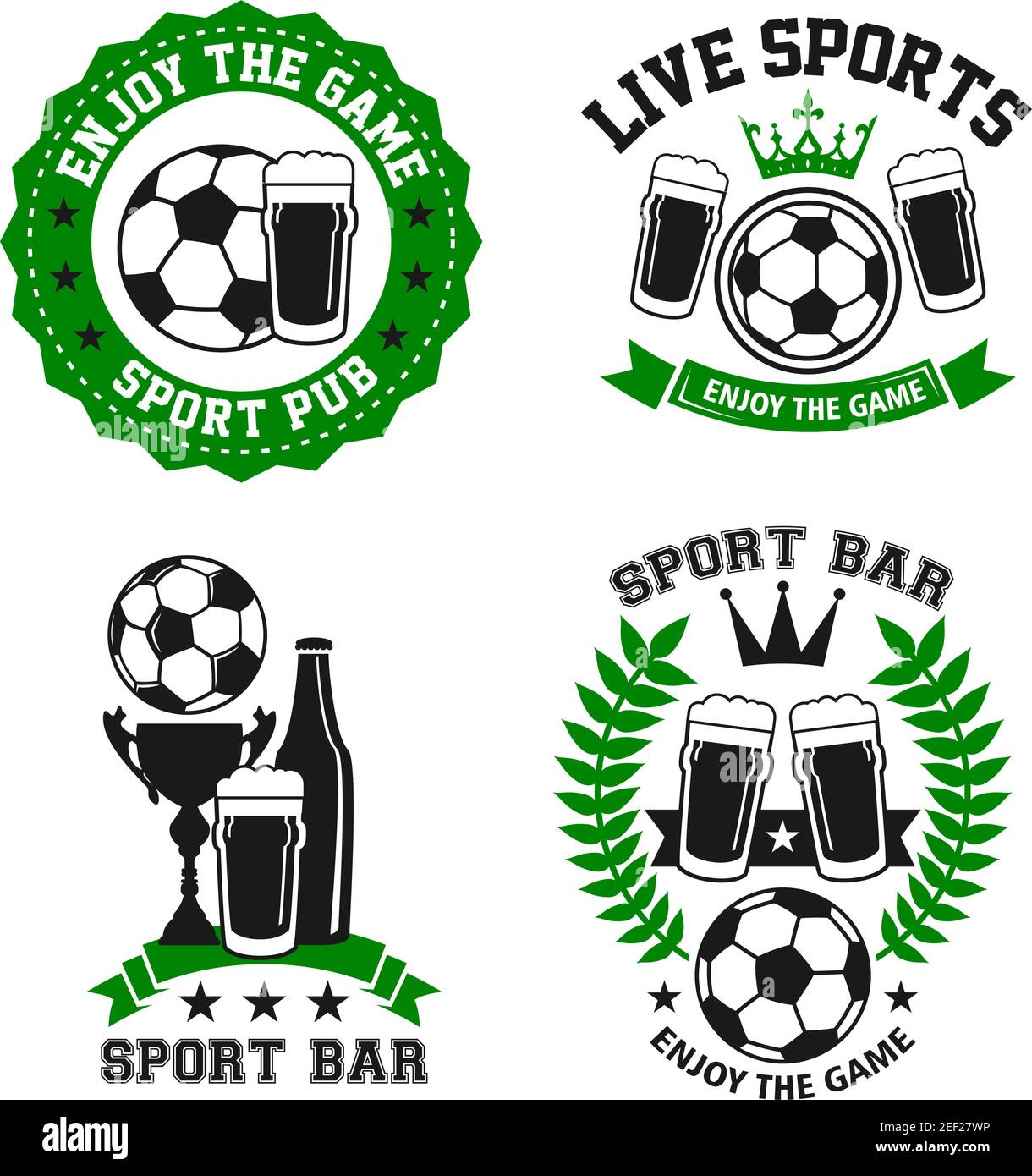 Soccer sports bar or football fan club beer pub icon templates. Vector  isolated labels of beer drink and football ball or soccer cup for live team  lea Stock Vector Image & Art -
