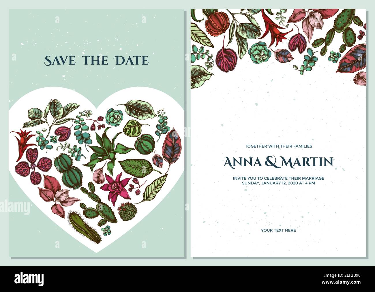 Wedding invitation card with colored ficus, iresine, kalanchoe, calathea, guzmania, cactus Stock Vector