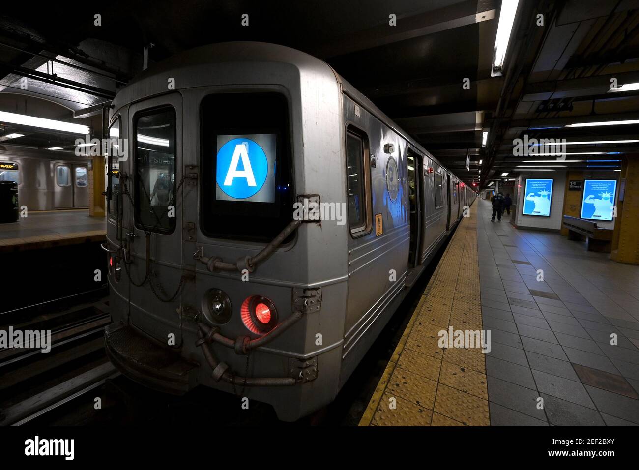 New York, USA. 16th Feb, 2021. An uptown A train prepares to leave the ...