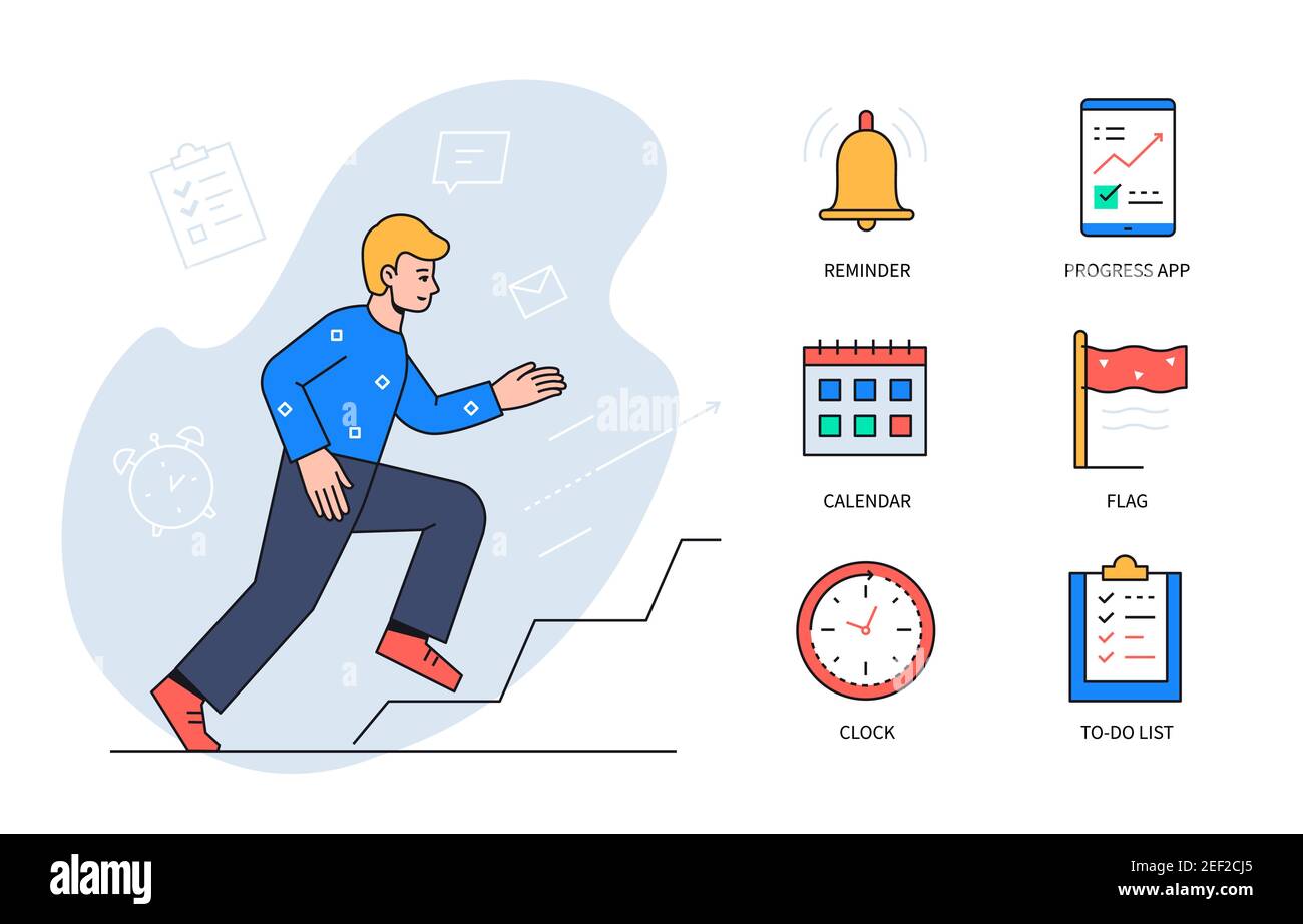 Task management - colorful flat design style poster with thematic linear icons. Infographics with a boy running up the stairs. Reminder, progress app, Stock Vector