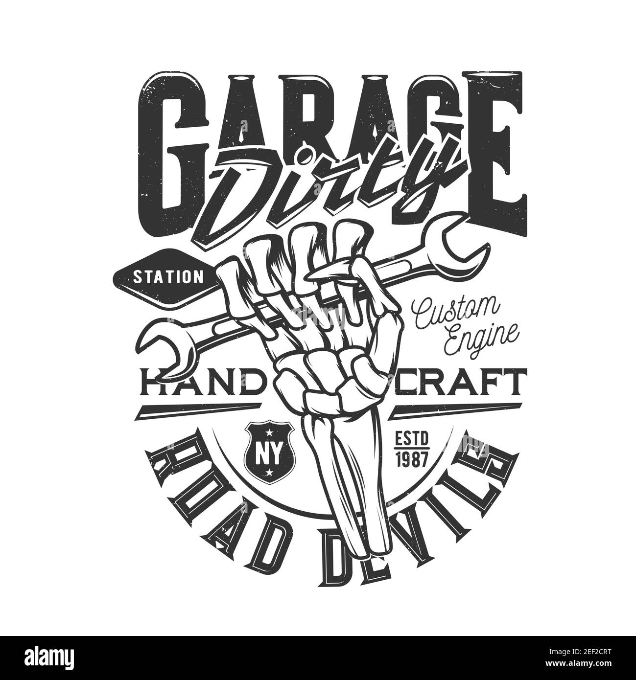 Tshirt print with skeleton hand hold wrench for apparel vector design. Isolated emblem with typography dirty garage, road devils. Monochrome t shirt p Stock Vector