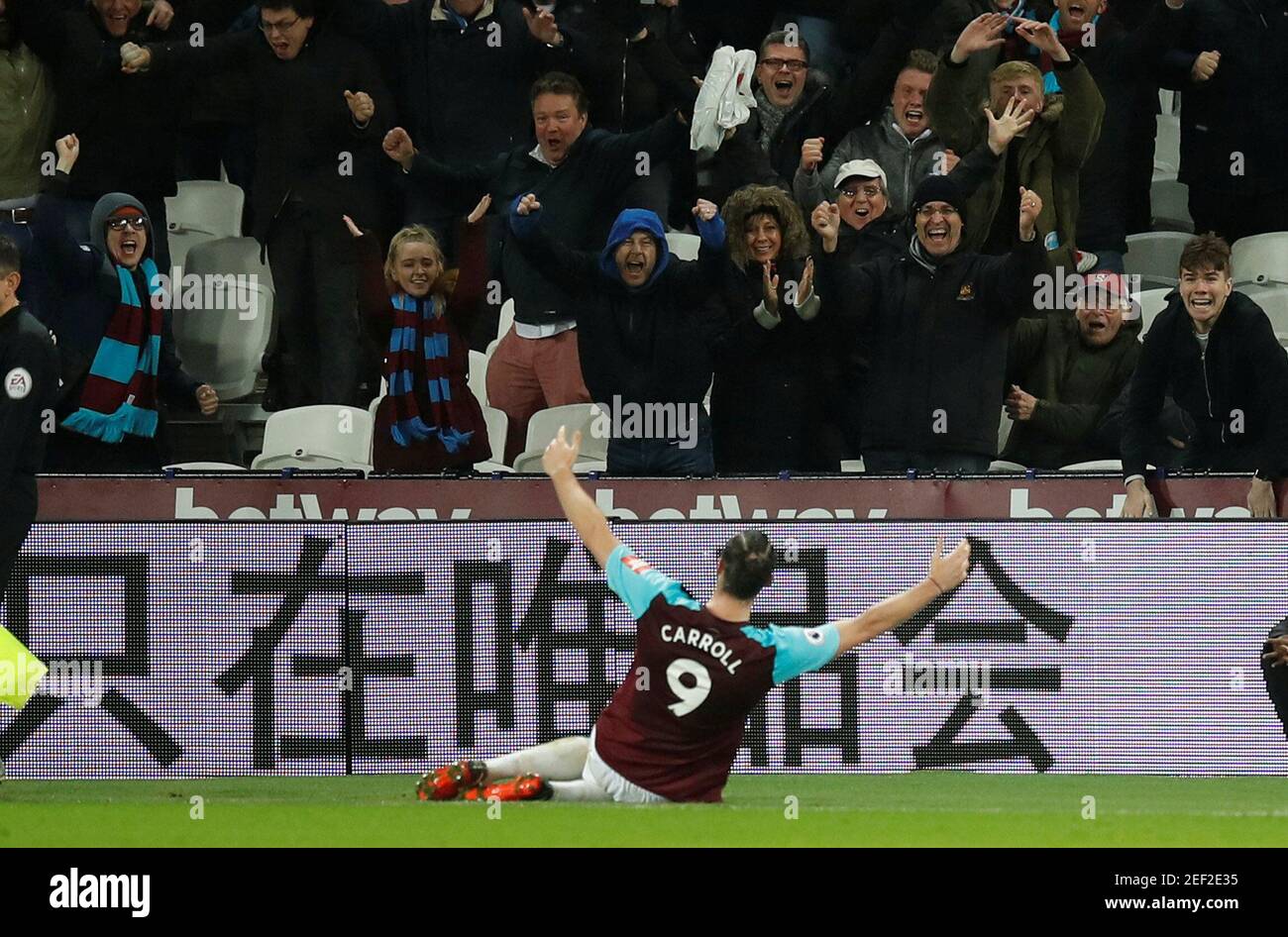 Soccer Football - Premier League - West Ham United vs West Bromwich Albion - London Stadium, London, Britain - January 2, 2018   West Ham United's Andy Carroll celebrates scoring their second goal   REUTERS/Eddie Keogh    EDITORIAL USE ONLY. No use with unauthorized audio, video, data, fixture lists, club/league logos or 'live' services. Online in-match use limited to 75 images, no video emulation. No use in betting, games or single club/league/player publications.  Please contact your account representative for further details. Stock Photo