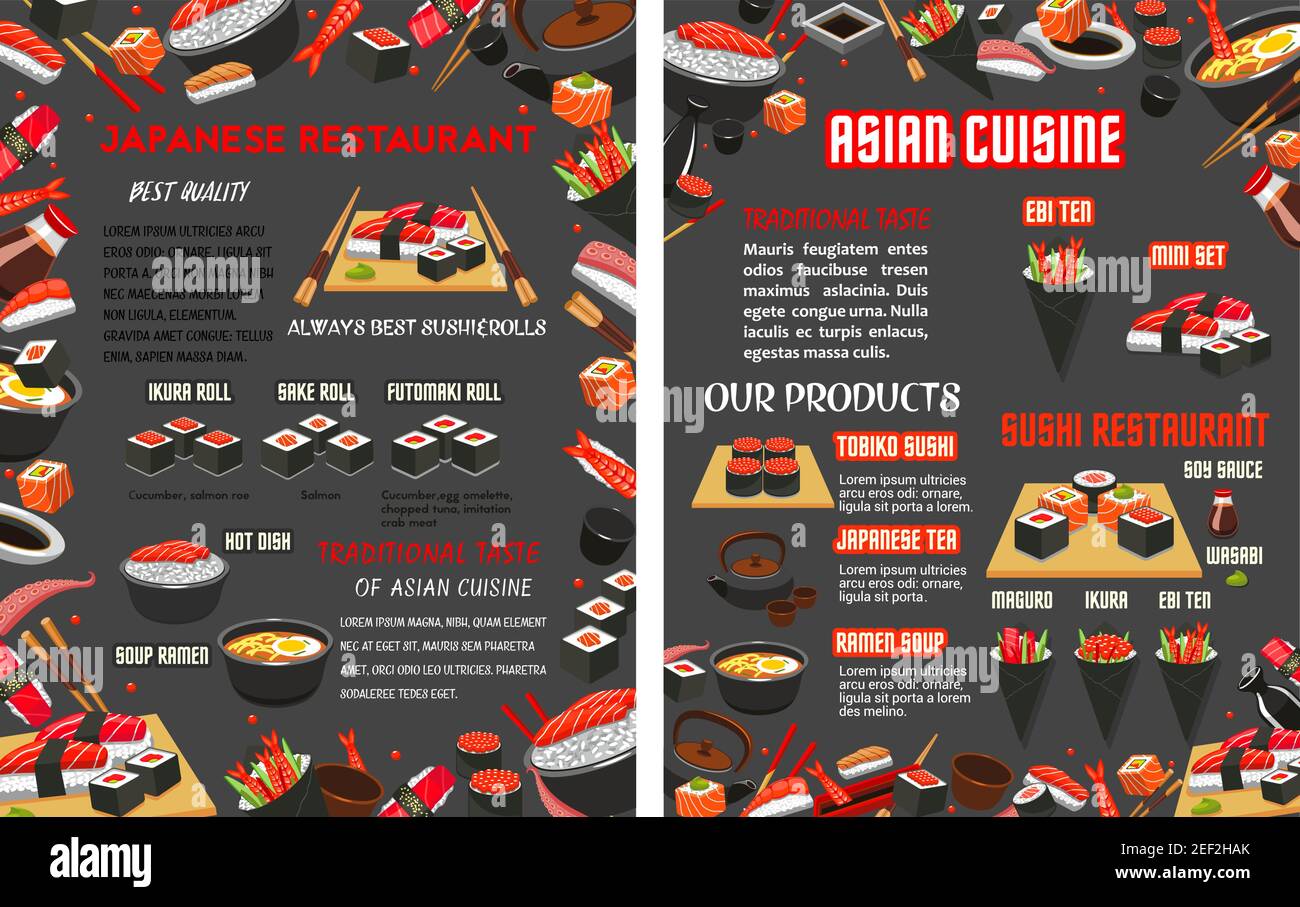 Sushi bar or Japanese Asian cuisine food bar menu template. Vector design of sashimi and sushi