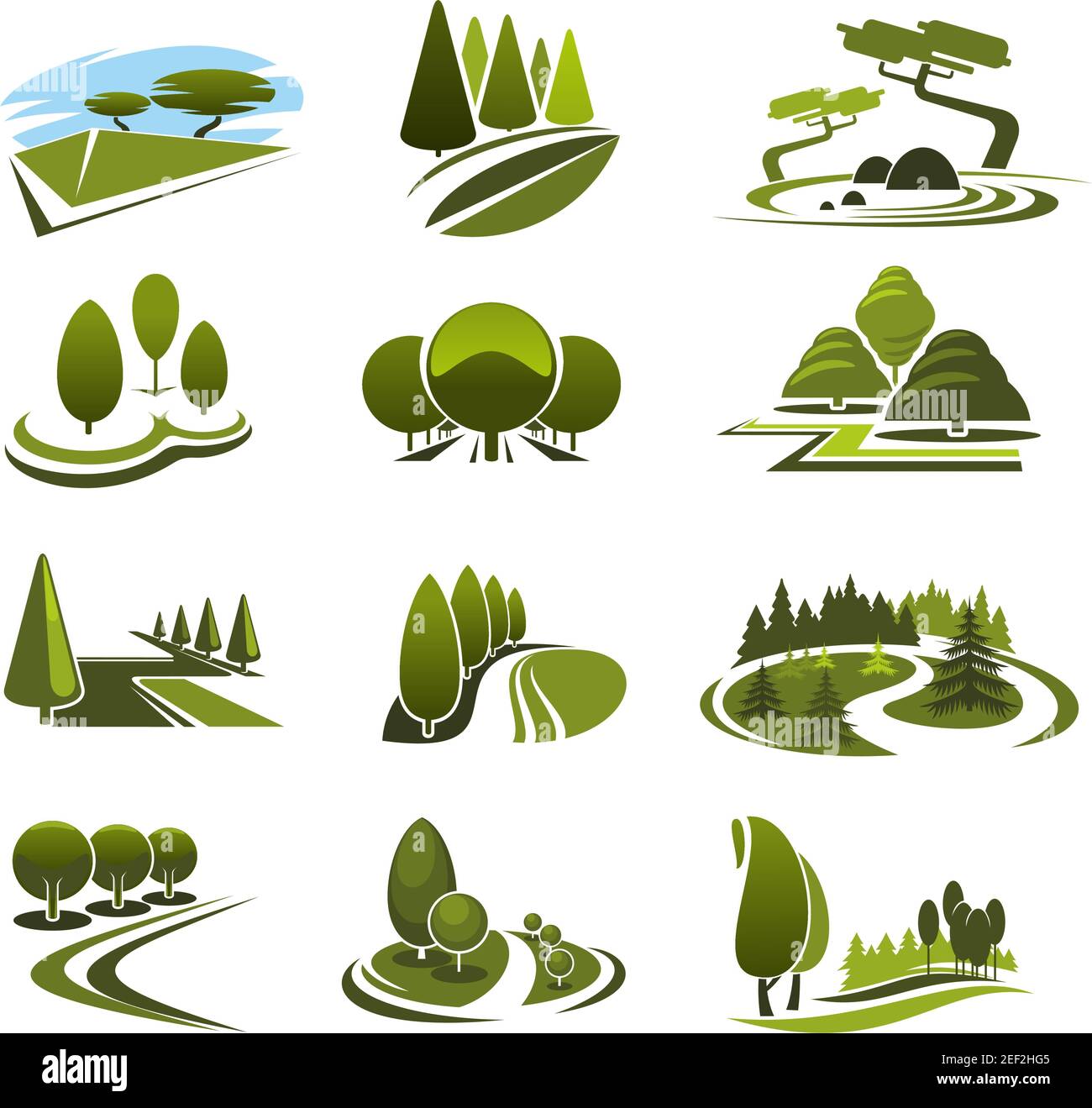 Green landscape design icons template for build and maintain service or