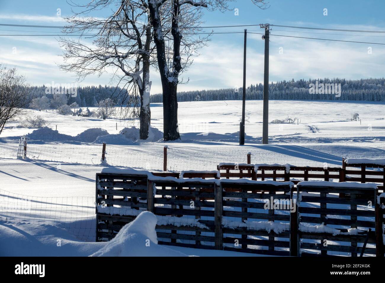Rural scene Snow countryside scenery Snowy winter day Czech Republic Krusne Hory mountains Winter scene Stock Photo