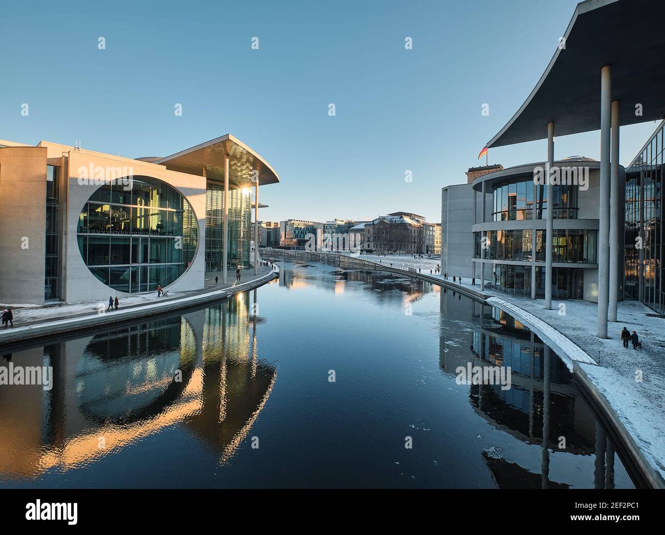 Pier Paul-Loebe-Haus Reichstag. Panoramic winter view. Paul-Loebe-Haus connected by bridge with Marie-Elisabeth-Lueders-Haus over Spree river. Stock Photo