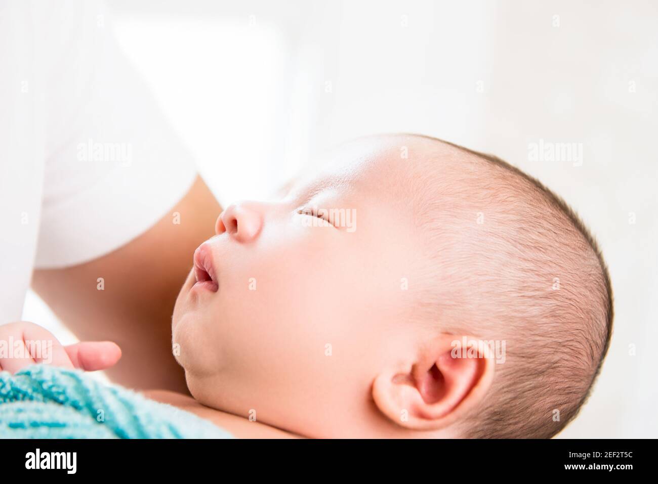 Adorable little newborn baby sleeping in the arms of father Stock Photo