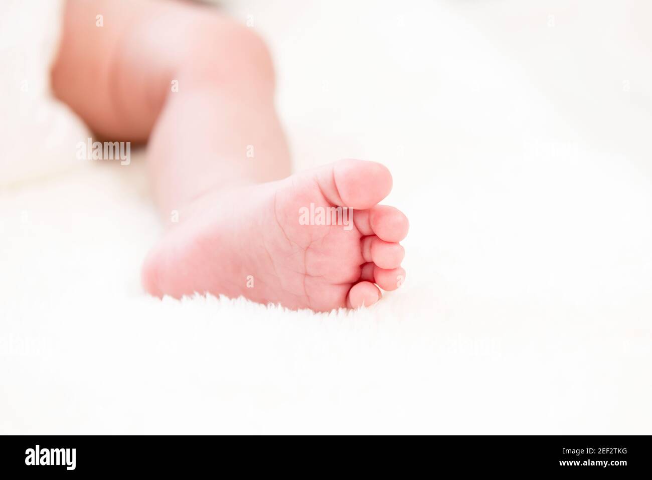Small little foot of newborn baby on soft white wool fluff sheet Stock Photo