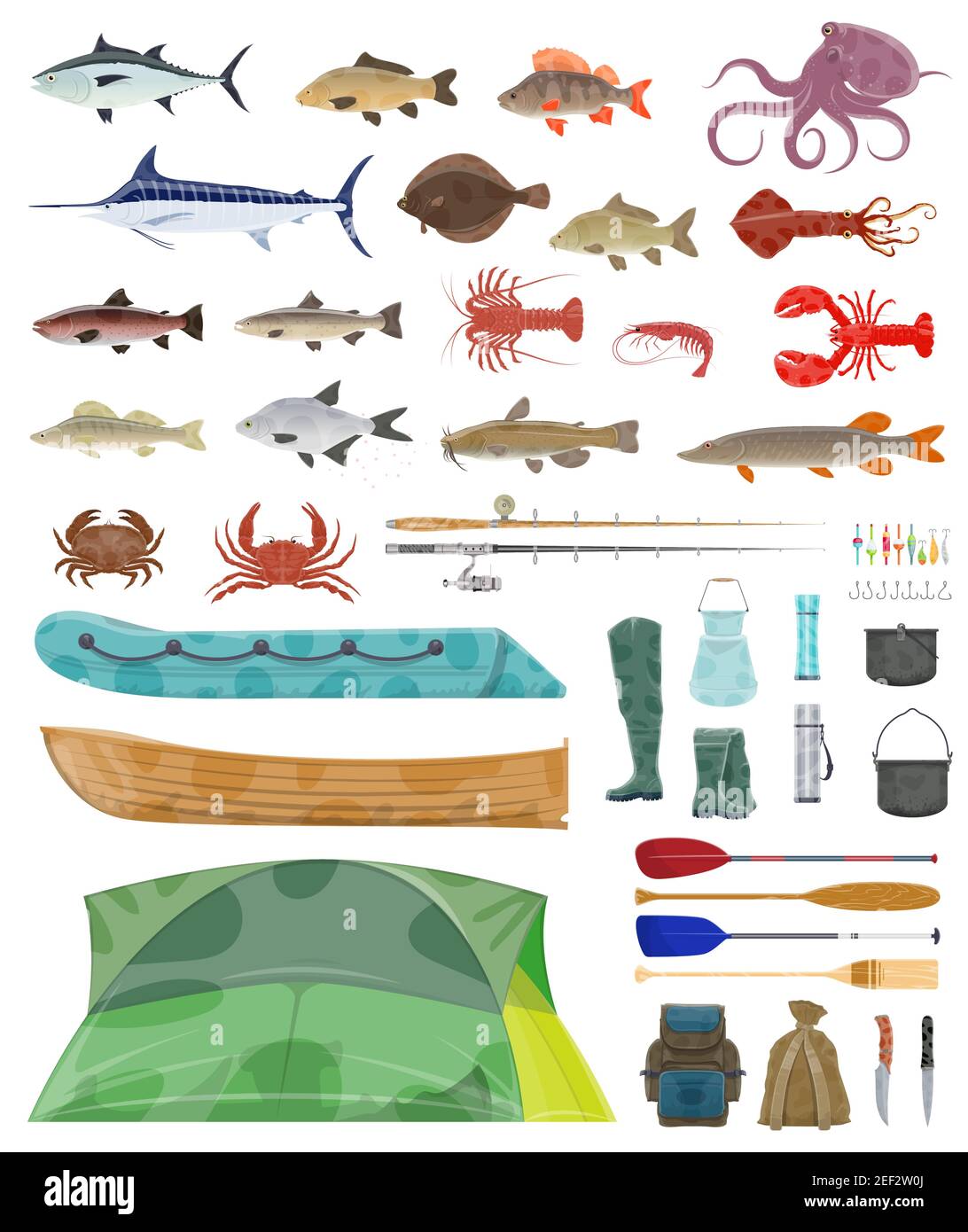 Fisherman tools and fishing tackles icons. Vector isolated equipment set of fisher boat, tent and fishing net or rod with hooks and fishes bait for fl Stock Vector